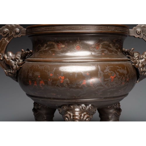 172 - A massive Vietnamese copper- and silver-inlaid 'Buddhist lion' censer and cover on stand, 19th C.L.:... 