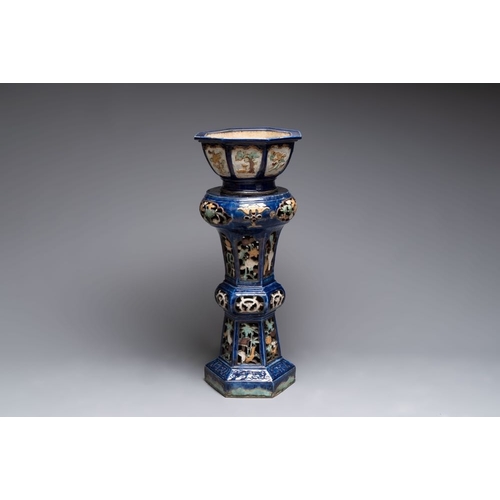 176 - A Chinese or Vietnamese polychrome-glaze pottery jardinière and stand, 19th C.H.: 97 cm (the jardini... 