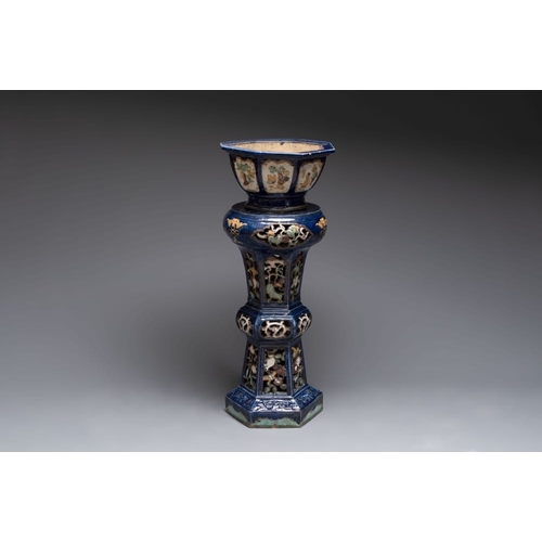 176 - A Chinese or Vietnamese polychrome-glaze pottery jardinière and stand, 19th C.H.: 97 cm (the jardini... 