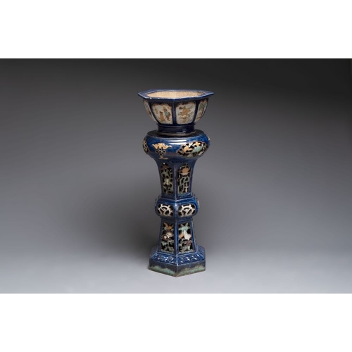 176 - A Chinese or Vietnamese polychrome-glaze pottery jardinière and stand, 19th C.H.: 97 cm (the jardini... 