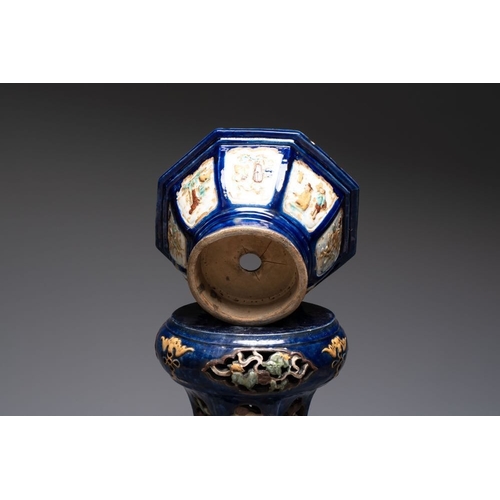 176 - A Chinese or Vietnamese polychrome-glaze pottery jardinière and stand, 19th C.H.: 97 cm (the jardini... 