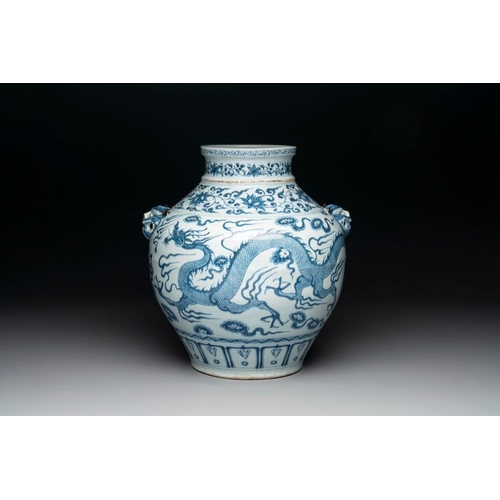 180 - A fine Chinese blue and white 'dragon' vase with mythical-beast-shaped handles, probably YuanH.: 36,... 