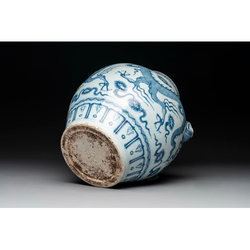 180 - A fine Chinese blue and white 'dragon' vase with mythical-beast-shaped handles, probably YuanH.: 36,... 