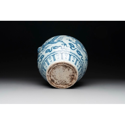 180 - A fine Chinese blue and white 'dragon' vase with mythical-beast-shaped handles, probably YuanH.: 36,... 