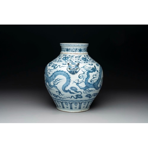 180 - A fine Chinese blue and white 'dragon' vase with mythical-beast-shaped handles, probably YuanH.: 36,... 