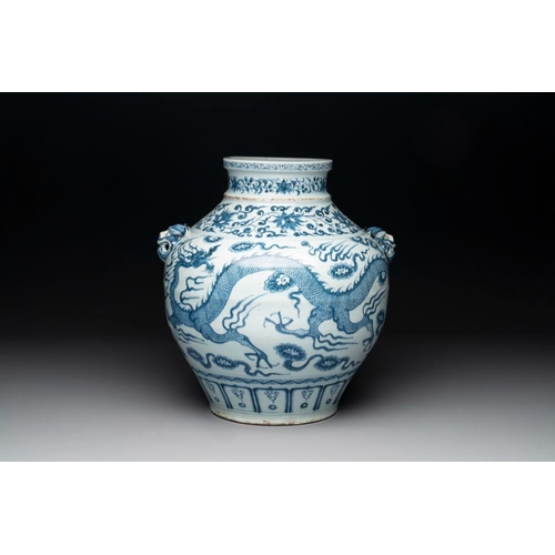 180 - A fine Chinese blue and white 'dragon' vase with mythical-beast-shaped handles, probably YuanH.: 36,... 