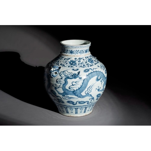 180 - A fine Chinese blue and white 'dragon' vase with mythical-beast-shaped handles, probably YuanH.: 36,... 