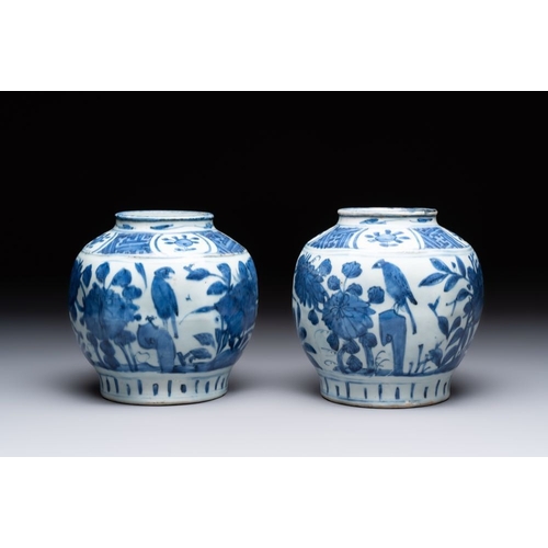 188 - A pair of Chinese blue and white 'birds among blossoming branches' jars, WanliH.: 16 cm 
 Provenance... 