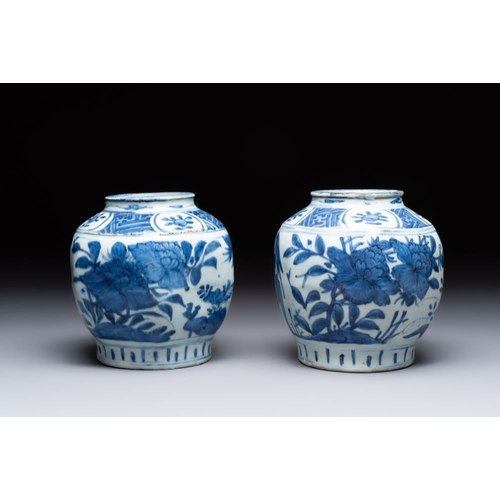 188 - A pair of Chinese blue and white 'birds among blossoming branches' jars, WanliH.: 16 cm 
 Provenance... 