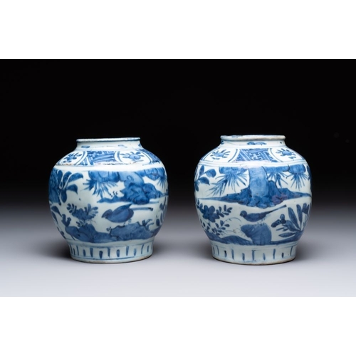 188 - A pair of Chinese blue and white 'birds among blossoming branches' jars, WanliH.: 16 cm 
 Provenance... 