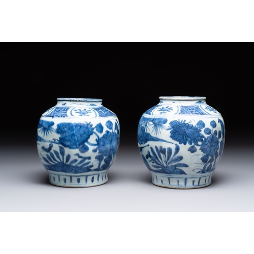 188 - A pair of Chinese blue and white 'birds among blossoming branches' jars, WanliH.: 16 cm 
 Provenance... 