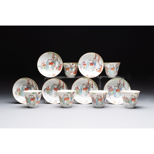 19 - Six fine Chinese famille rose 'Xi Xiang Ji' cups and saucers, Xianfeng mark and of the periodDia.: 1... 