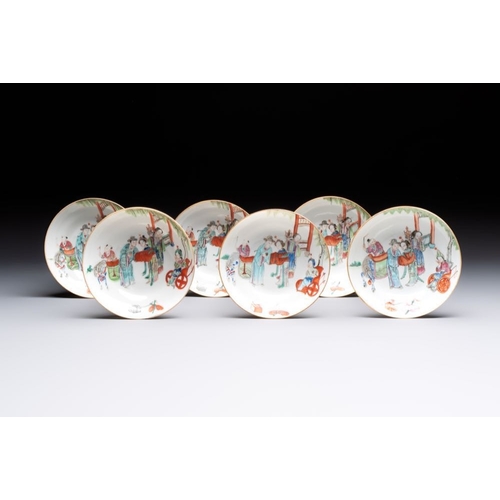 19 - Six fine Chinese famille rose 'Xi Xiang Ji' cups and saucers, Xianfeng mark and of the periodDia.: 1... 