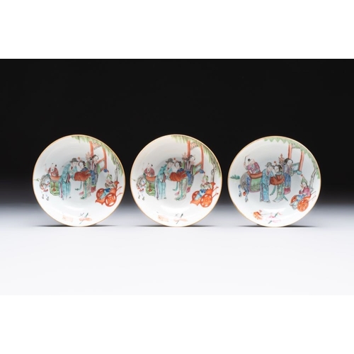 19 - Six fine Chinese famille rose 'Xi Xiang Ji' cups and saucers, Xianfeng mark and of the periodDia.: 1... 