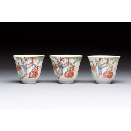 19 - Six fine Chinese famille rose 'Xi Xiang Ji' cups and saucers, Xianfeng mark and of the periodDia.: 1... 