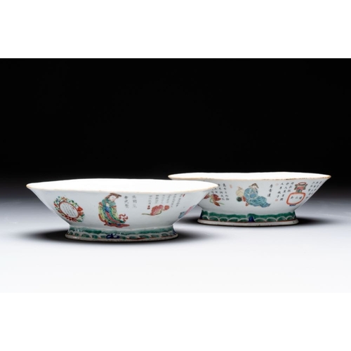 21 - A pair of Chinese famille rose ''Wu Shuang Pu' tazzas, 19th C.Dim.: 23,7 x 16,5 x 6,8 cm