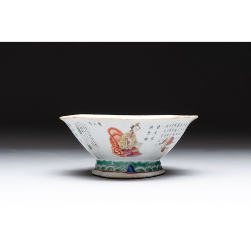 21 - A pair of Chinese famille rose ''Wu Shuang Pu' tazzas, 19th C.Dim.: 23,7 x 16,5 x 6,8 cm