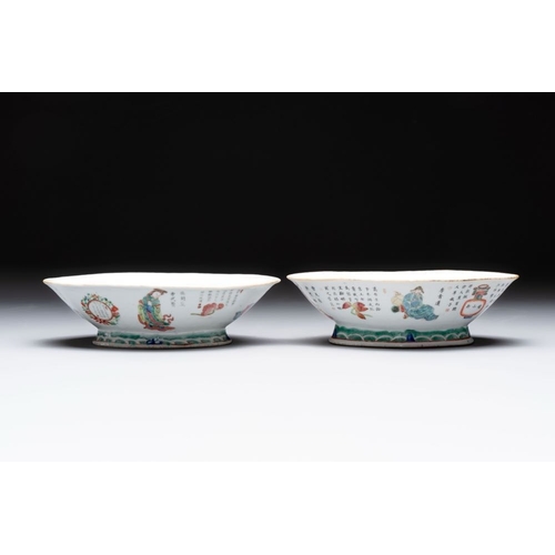 21 - A pair of Chinese famille rose ''Wu Shuang Pu' tazzas, 19th C.Dim.: 23,7 x 16,5 x 6,8 cm