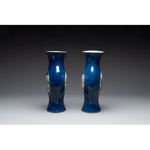 23 - A pair of Chinese famille verte blue-ground lobed vases with figural design, 19th C.H.: 32 cm... 