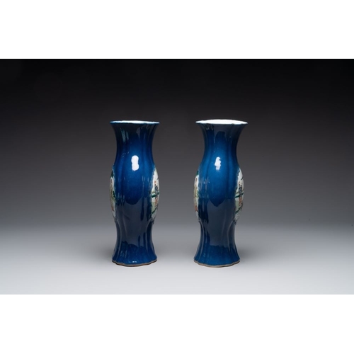 23 - A pair of Chinese famille verte blue-ground lobed vases with figural design, 19th C.H.: 32 cm... 