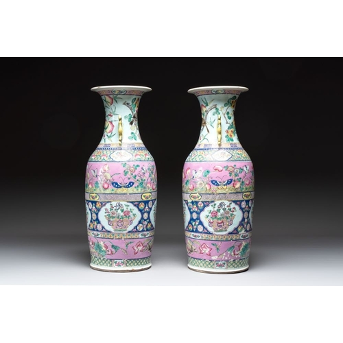 27 - A pair of Chinese famille rose vases for the Straits or Peranakan market, 19th C.H.: 60 cm... 