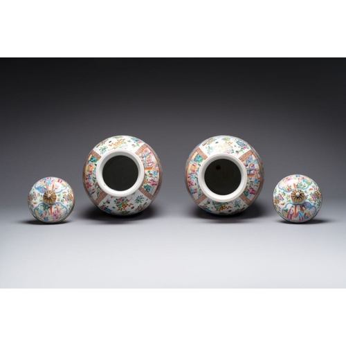 29 - A pair of Chinese Canton famille rose vases and covers with narrative design, 19th C.H.: 55 cm (incl... 