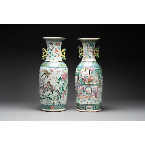 31 - Two Chinese famille rose vases with birds among flowers and narrative design, 19th C.H.: 61,4 cm... 