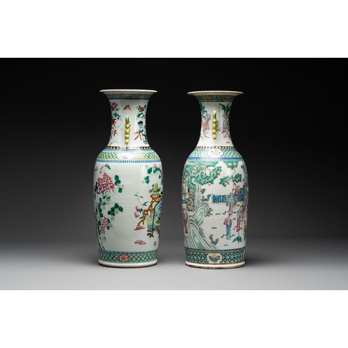 31 - Two Chinese famille rose vases with birds among flowers and narrative design, 19th C.H.: 61,4 cm... 