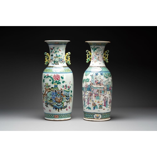 31 - Two Chinese famille rose vases with birds among flowers and narrative design, 19th C.H.: 61,4 cm... 