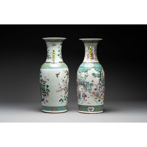 31 - Two Chinese famille rose vases with birds among flowers and narrative design, 19th C.H.: 61,4 cm... 