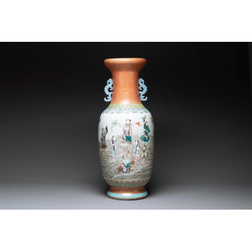 33 - A large Chinese famille rose coral-red-ground 'Eight Immortals' vase, Qianlong mark, 19th C.H.: 91 c... 