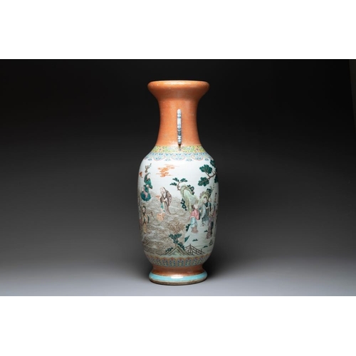 33 - A large Chinese famille rose coral-red-ground 'Eight Immortals' vase, Qianlong mark, 19th C.H.: 91 c... 