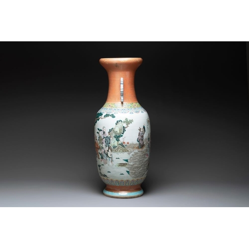 33 - A large Chinese famille rose coral-red-ground 'Eight Immortals' vase, Qianlong mark, 19th C.H.: 91 c... 