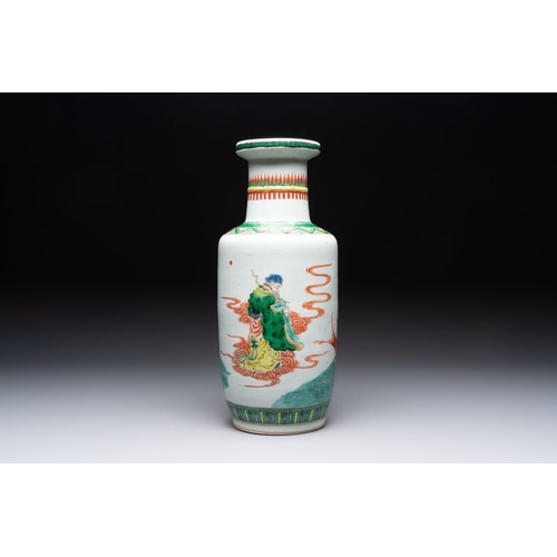 41 - A Chinese famille verte rouleau vase with immortals, 19th C.H.: 44,8 cm