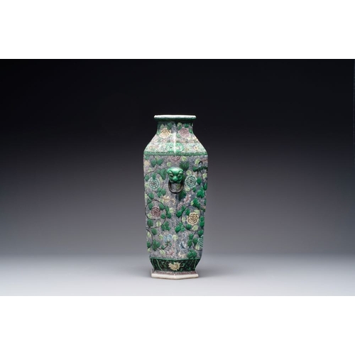 43 - A Chinese verte biscuit hexagonal 'phoenix and flower scroll' vase, 19th C.H.: 40,5 cm 