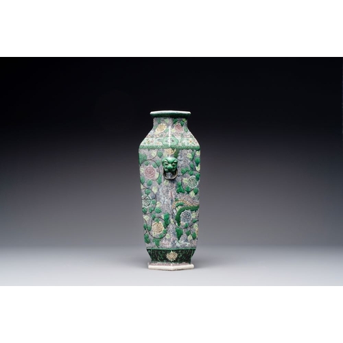 43 - A Chinese verte biscuit hexagonal 'phoenix and flower scroll' vase, 19th C.H.: 40,5 cm 