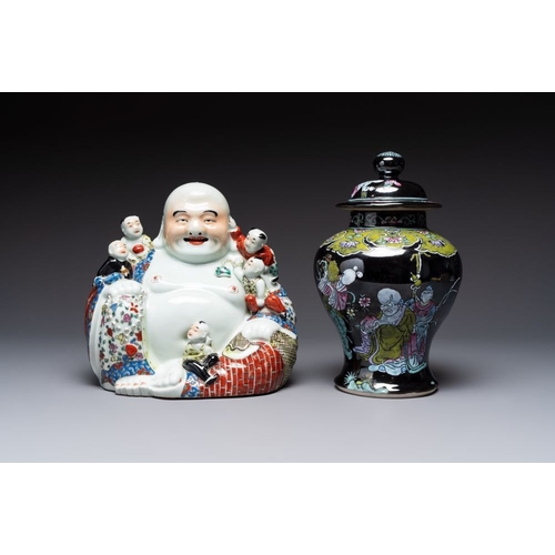 59 - A Chinese famille rose black-ground covered vase and a famille rose Milefo Buddha, Mao Ji Sheng mark... 