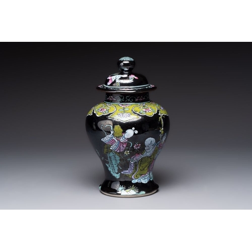 59 - A Chinese famille rose black-ground covered vase and a famille rose Milefo Buddha, Mao Ji Sheng mark... 