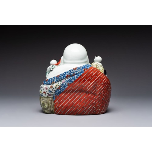 59 - A Chinese famille rose black-ground covered vase and a famille rose Milefo Buddha, Mao Ji Sheng mark... 