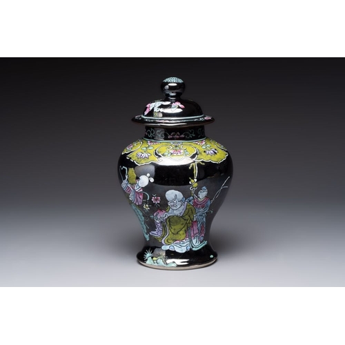 59 - A Chinese famille rose black-ground covered vase and a famille rose Milefo Buddha, Mao Ji Sheng mark... 