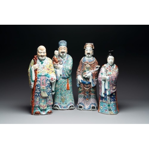 67 - Three Chinese famille rose figures of the star gods and a figure of a lady, 19/20th C.H.: 63 cm (the... 