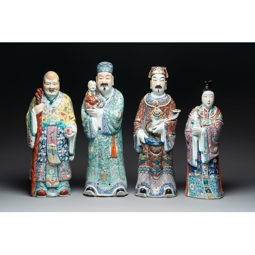 67 - Three Chinese famille rose figures of the star gods and a figure of a lady, 19/20th C.H.: 63 cm (the... 