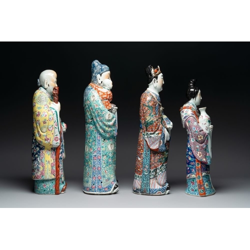 67 - Three Chinese famille rose figures of the star gods and a figure of a lady, 19/20th C.H.: 63 cm (the... 