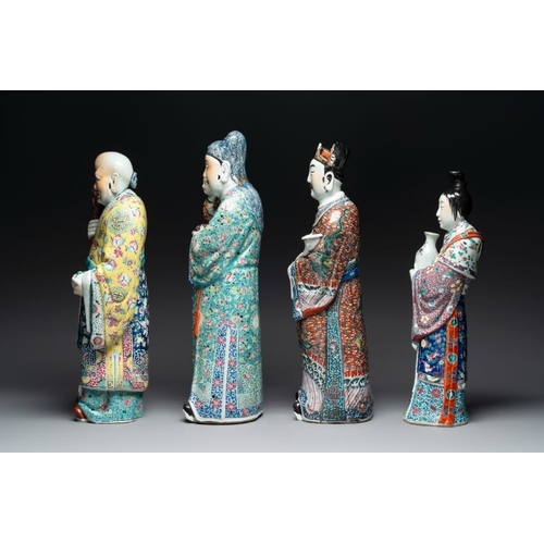 67 - Three Chinese famille rose figures of the star gods and a figure of a lady, 19/20th C.H.: 63 cm (the... 