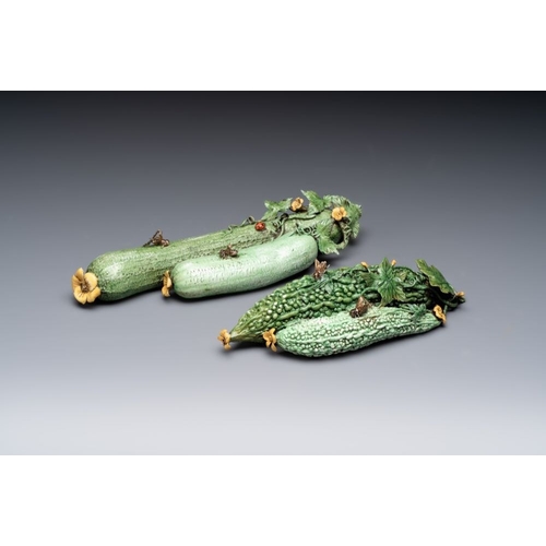 69 - Two Chinese polychrome groups of cucumbers and bitter melons with insects, 19/20th C.L.: 31 cm (the ... 