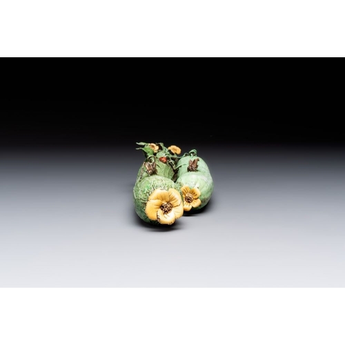 69 - Two Chinese polychrome groups of cucumbers and bitter melons with insects, 19/20th C.L.: 31 cm (the ... 