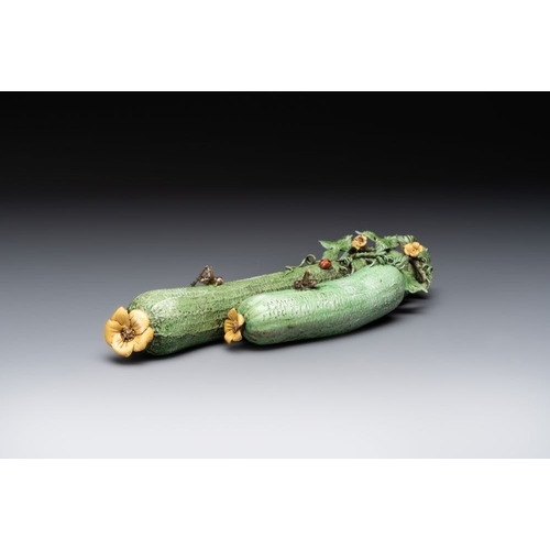 69 - Two Chinese polychrome groups of cucumbers and bitter melons with insects, 19/20th C.L.: 31 cm (the ... 