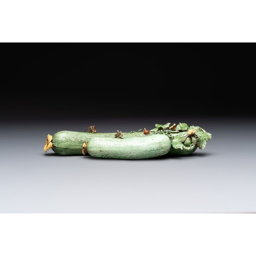 69 - Two Chinese polychrome groups of cucumbers and bitter melons with insects, 19/20th C.L.: 31 cm (the ... 