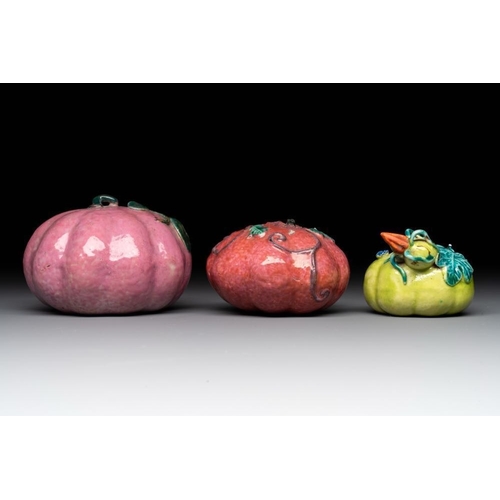 70 - A collection of five Chinese famille rose peaches and pumpkins, including a box and cover, 19th C.Di... 