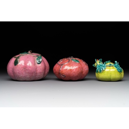 70 - A collection of five Chinese famille rose peaches and pumpkins, including a box and cover, 19th C.Di... 